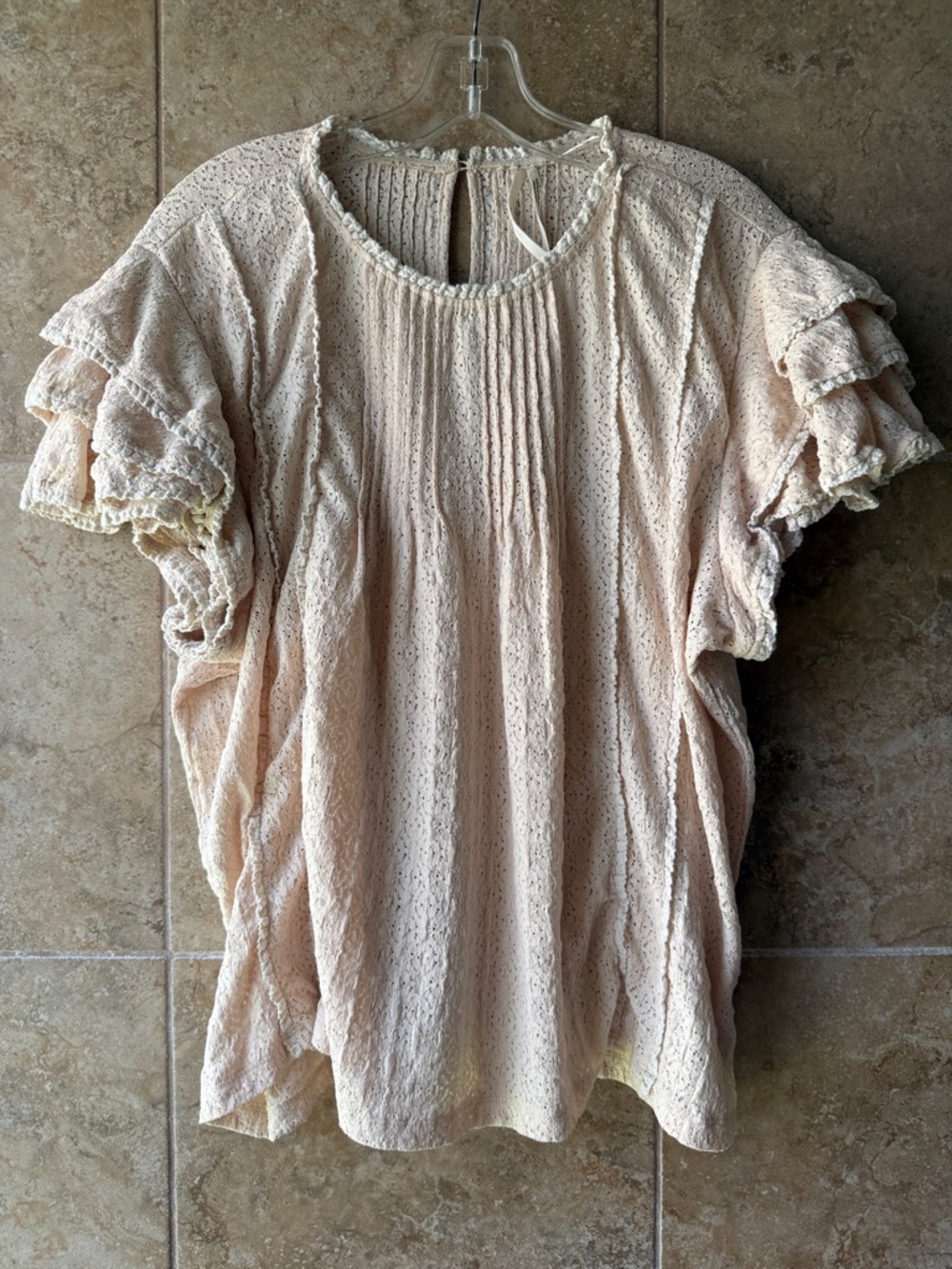 Anthropologie Lace Blouse Cream Pintucked Top Stretch Flutter Ruffle Sleeve XL